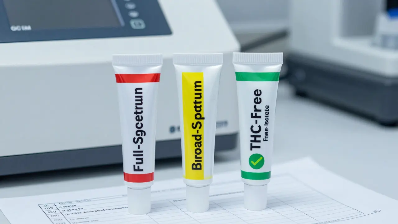 Tři CBD krémy na laboratorním stole: jeden s varováním, jeden s opatrností, jeden s potvrzením 'THC-Free'.