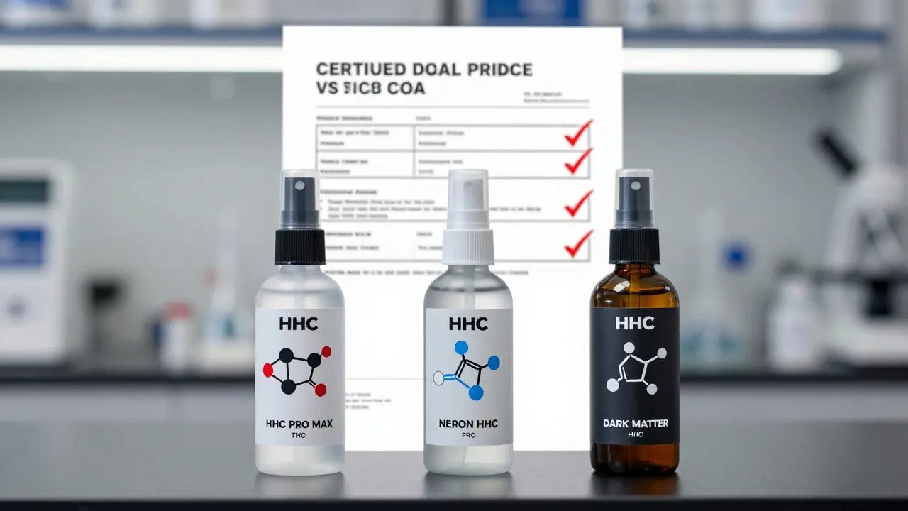 Tři HHC spreje na laboratorním stole s molekulárními strukturami a certifikátem COA