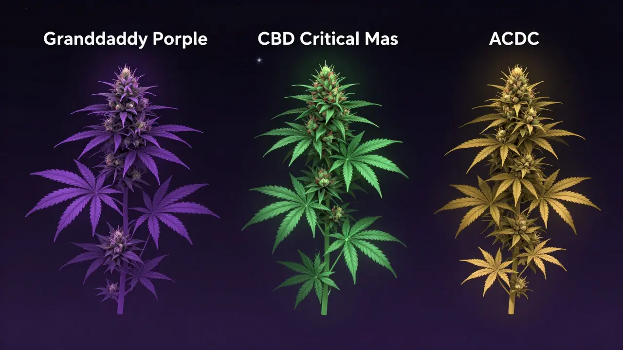 Tři kmeny konopí v nočním nebi s barevnými aura, reprezentující jejich terpeny a kanabinoidy pro klid a úlevu.