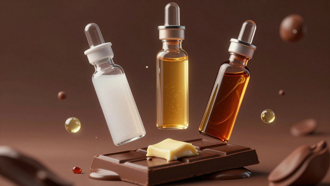 Tři průhledné lahvičky s různými konopnými extrakty nad kusem čokolády