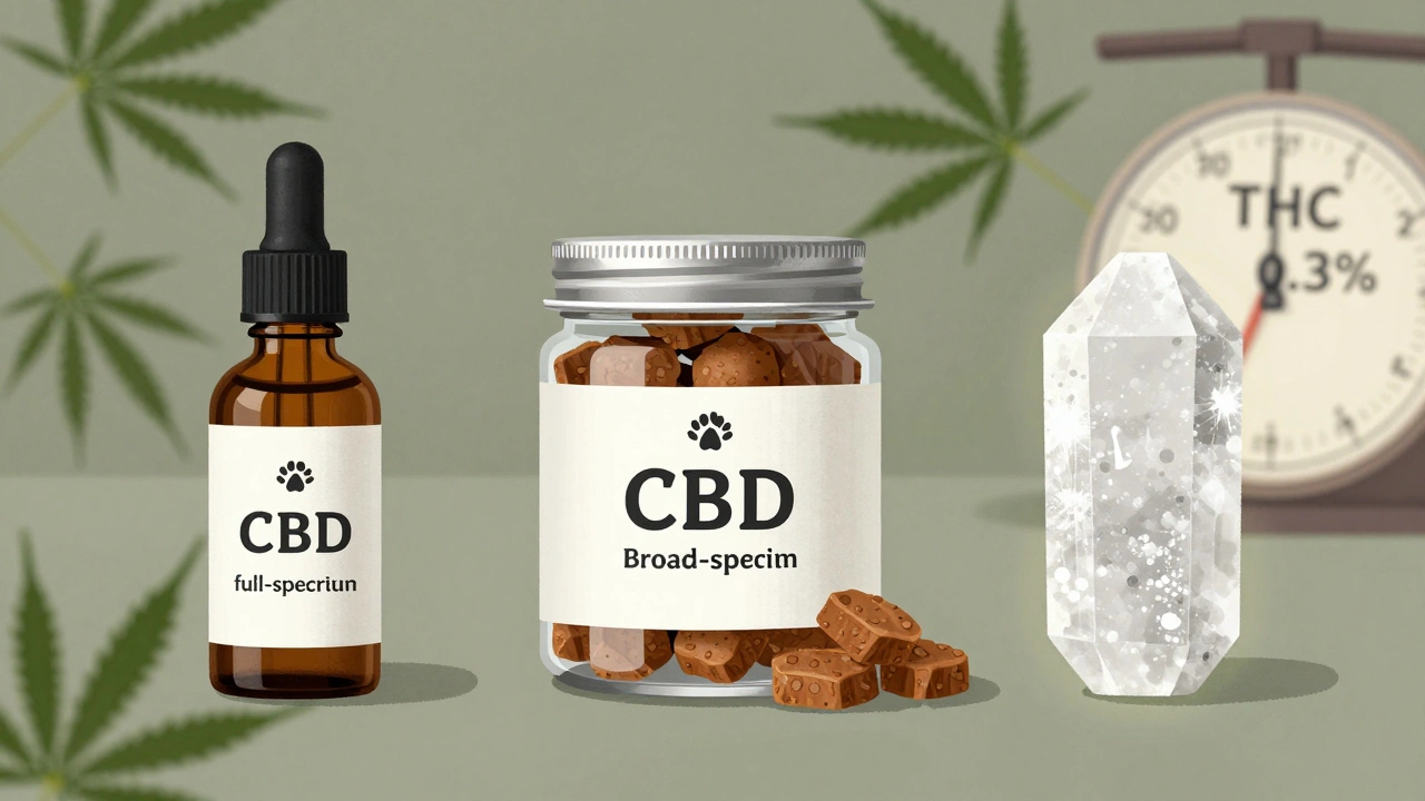 Tři typy CBD produktů pro psy: olej, sušenky a izolát s přírodními prvky.