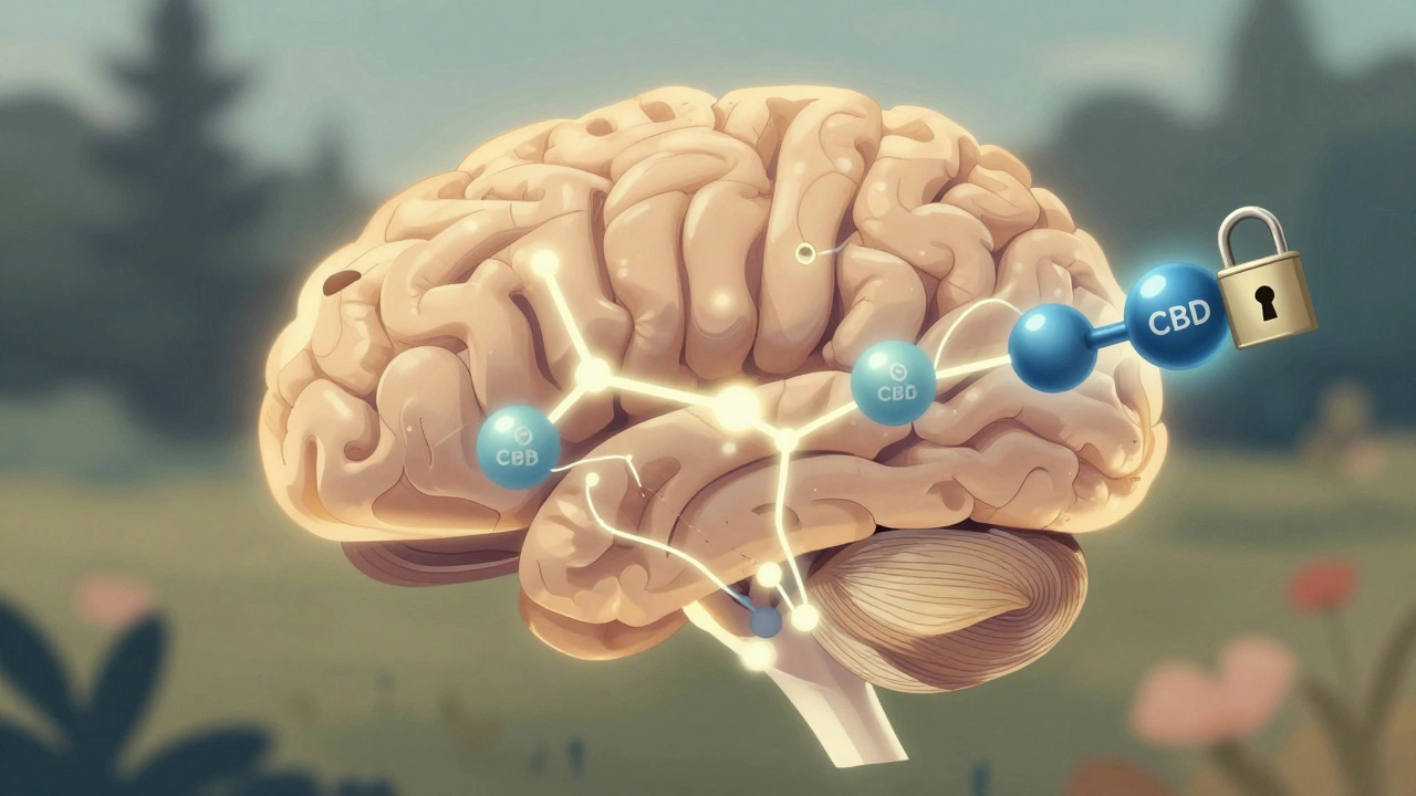 Uvnitř psího mozku svítící cesty endokanabinoidního systému s molekulou CBD.