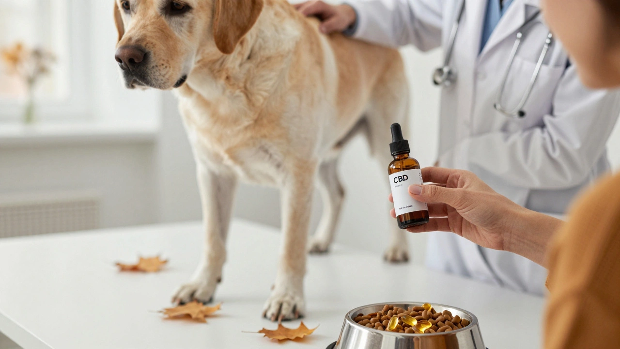 Veterinář vyšetřuje staršího psa s artritidou, majitel drží CBD olej.