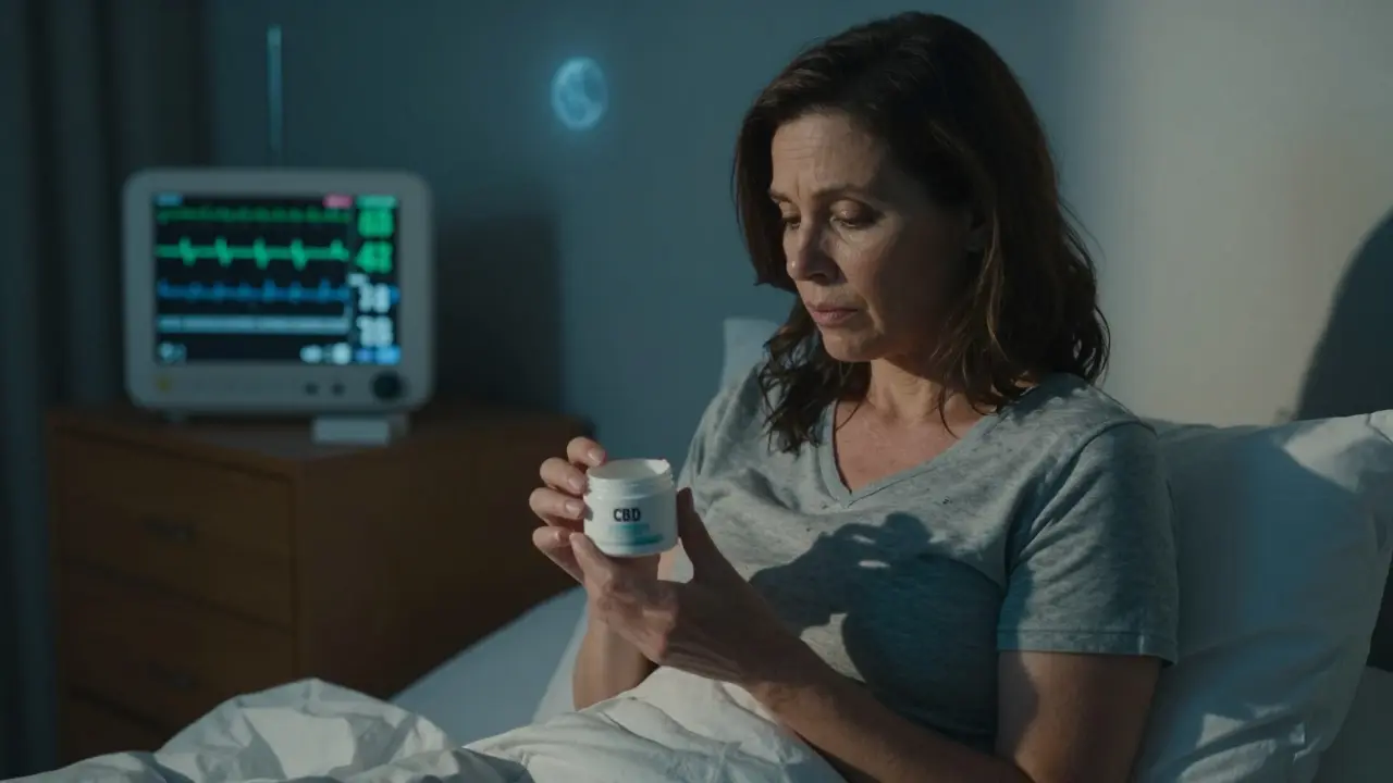 Žena drží krém s CBD v tiché ložnici, na pozadí lékařský monitor s neobvyklými hodnotami