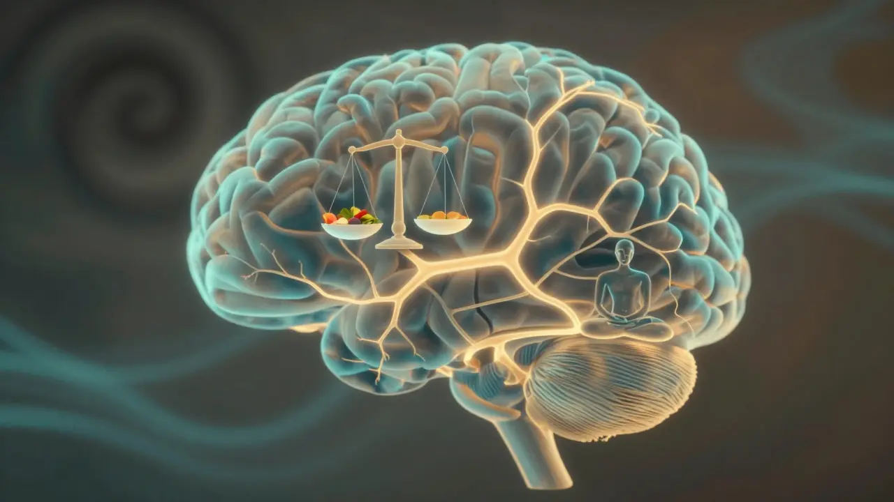 Abstraktní mozek s světelnými cestami spojujícími rovnováhu hladu a klidu.
