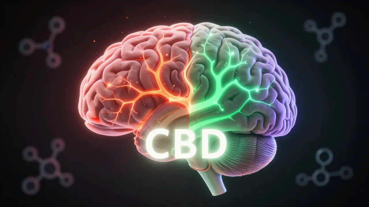 Abstraktní obrázek mozku s protichůdnými barvami reprezentujícími kofein a CBD v nervových spojeních.