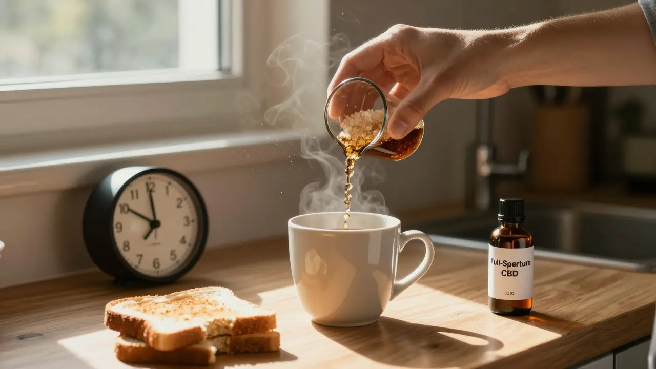 CBD izolát se přidává do kávy v kuchyni při slunečném dopoledni.