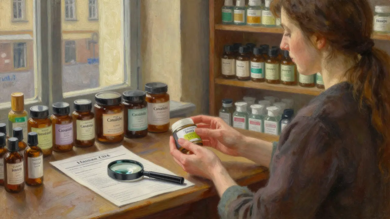 Česká žena dostává CBD krém od lékárníka v apotékářském prostředí s certifikátem analýzy na stole.