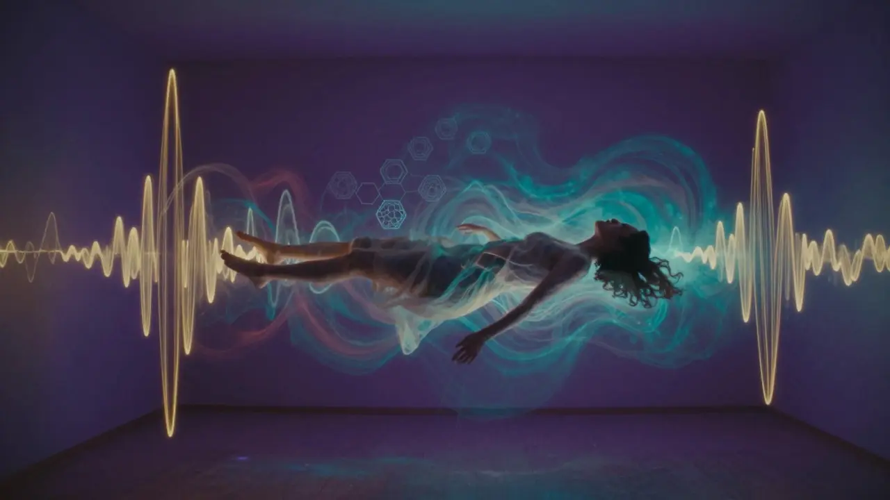 Člověk se rozpadá do světelných vln a barev v temné místnosti, symbolizující účinky HHC-P.