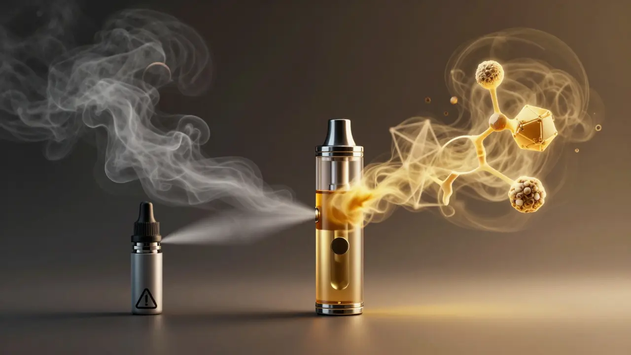 Dva různé proudy páry z vape penu: špatná kvalita a plné spektrum CBD.
