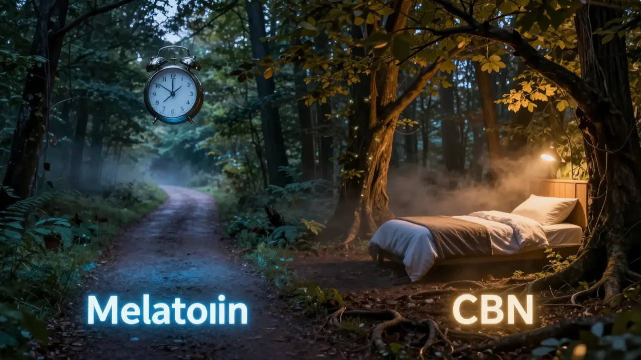 Dvě cesty v lese ve večerní tme: jedna s modrým světlem melatoninu, druhá s teplým světlem CBN.