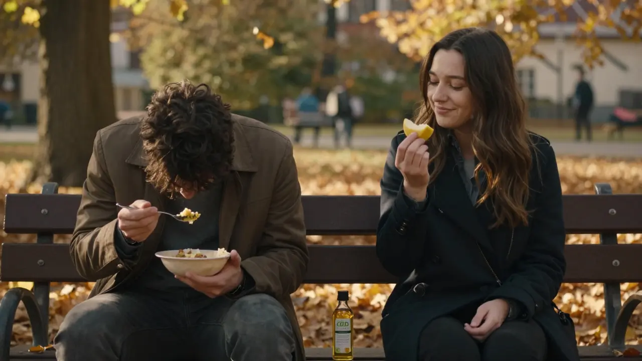 Dvě postavy v parku – jedna jí s klidem, druhá drží ovoce, CBD olej na lavičce.