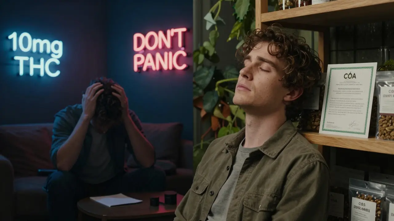 Dvě scény: jedna s úzkostí, druhá s klidem – kontrast mezi přehnanou dávkou a bezpečným užíváním konopných produktů.