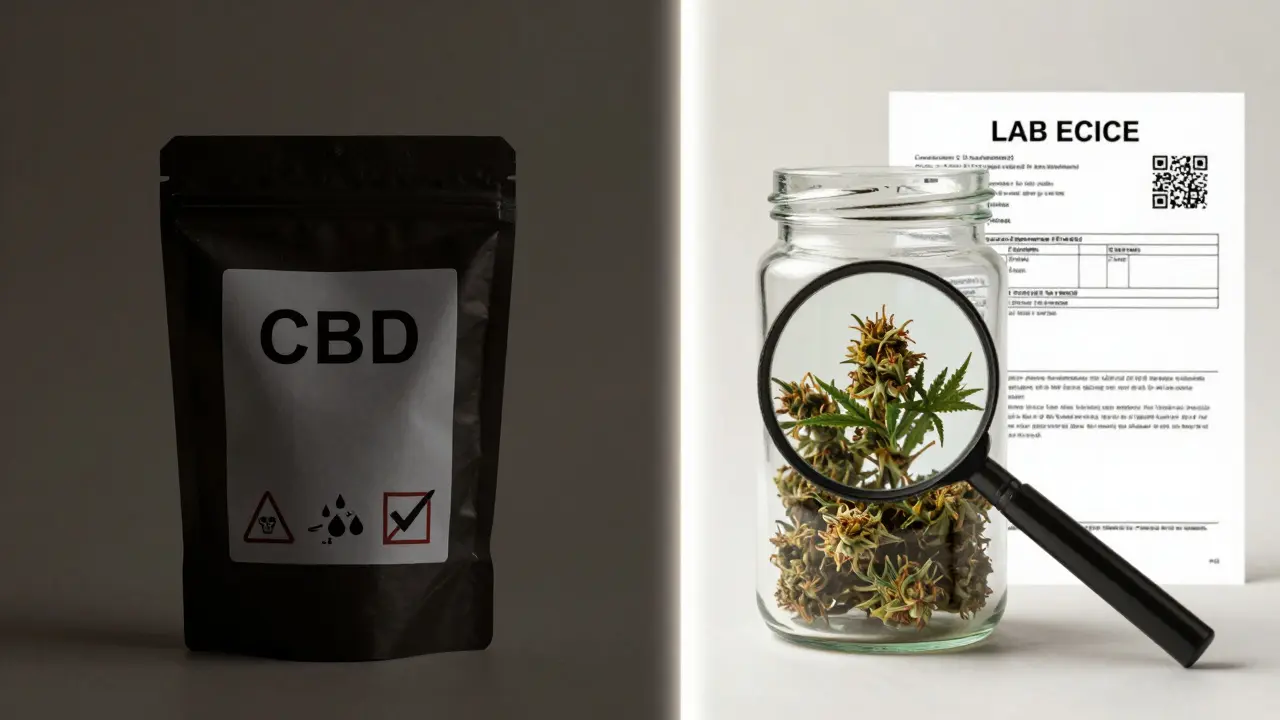 Dvojí scéna: nebezpečné podvodné CBD na levé straně a čisté, ověřené květy na pravé straně s laboratorním výsledkem.