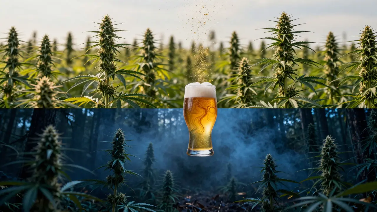 Dvouvrstvý koncept: sativa nahoře, indica dole, spojené pivem ve středu.