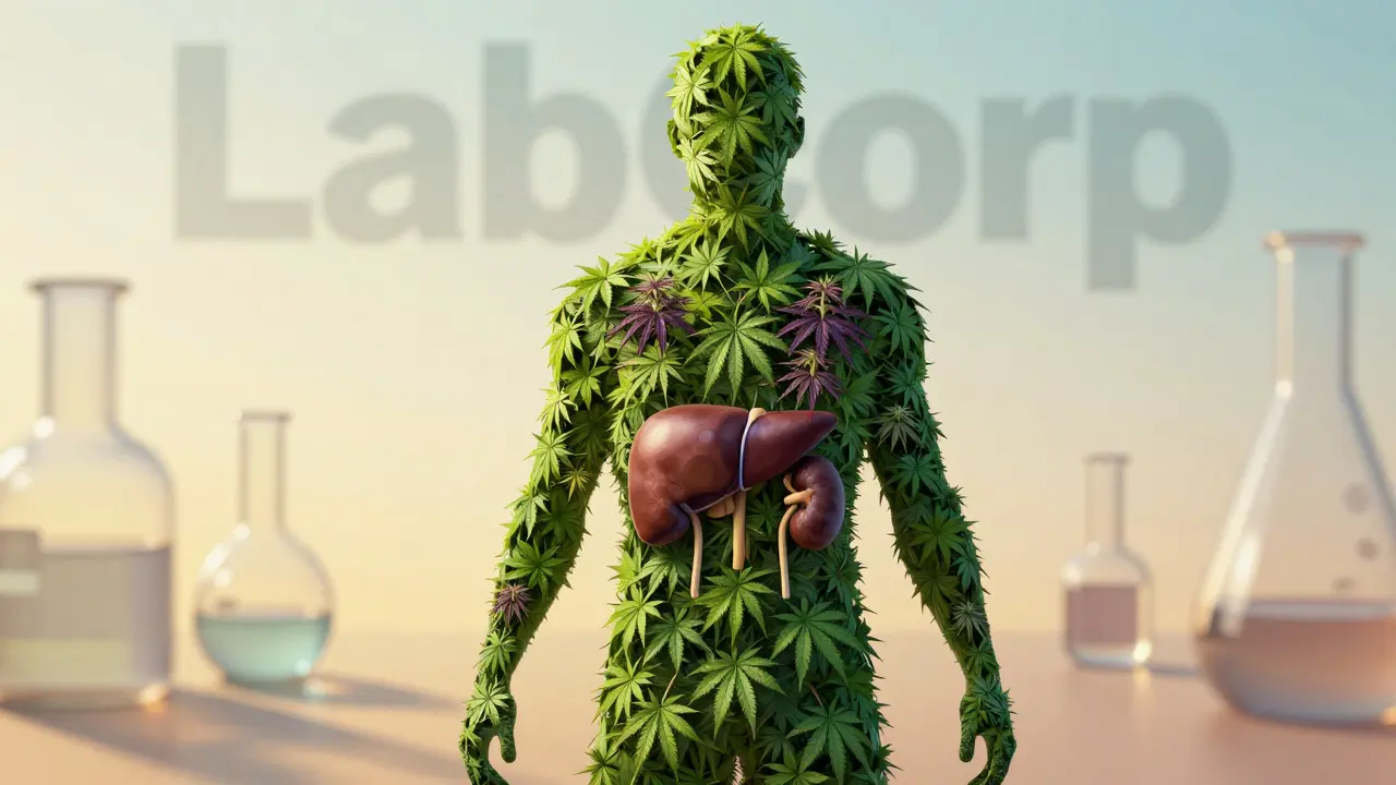 Human silhouette with CBD and THC cannabis leaves inside, symbolizing hidden THC accumulation.