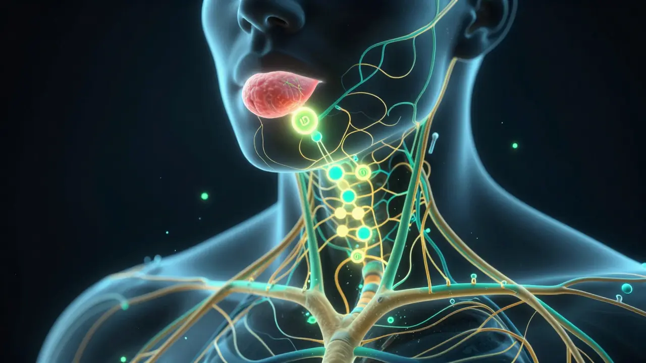 Ilustrace CBD molekul vstřebávaných přes slinné žlázy do krevního oběhu.