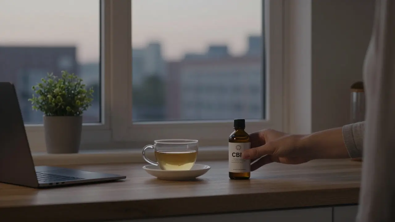 Klidný večerní scénář s lahvičkou CBN oleje a čajem na dřevěném stole v kuchyni.