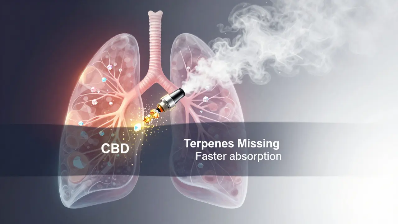 Krysťály CBD izolátu se mění v paru při vdechování, s chybějícími terpeny.