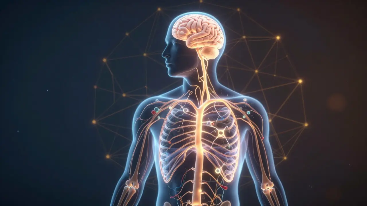 Lidský silueta s ozářenými nervovými cestami spojenými s endokanabinoidním systémem.