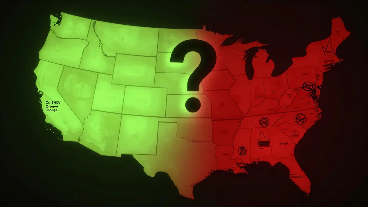 Mapa USA rozdělená na legální a zakázané státy pro THCV, s jasným kontrastem mezi osvětlenými a temnými oblastmi.