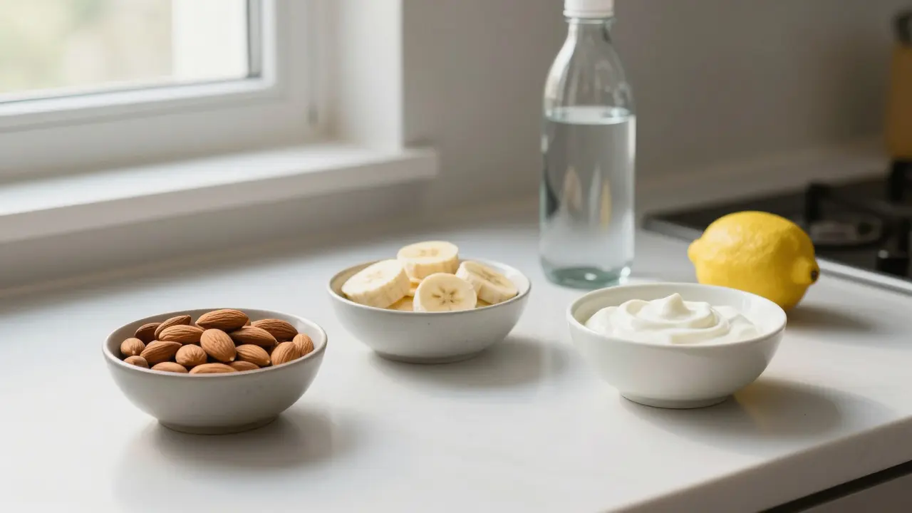 Na stole jsou ořechy, banán a jogurt s vodou a citronem.