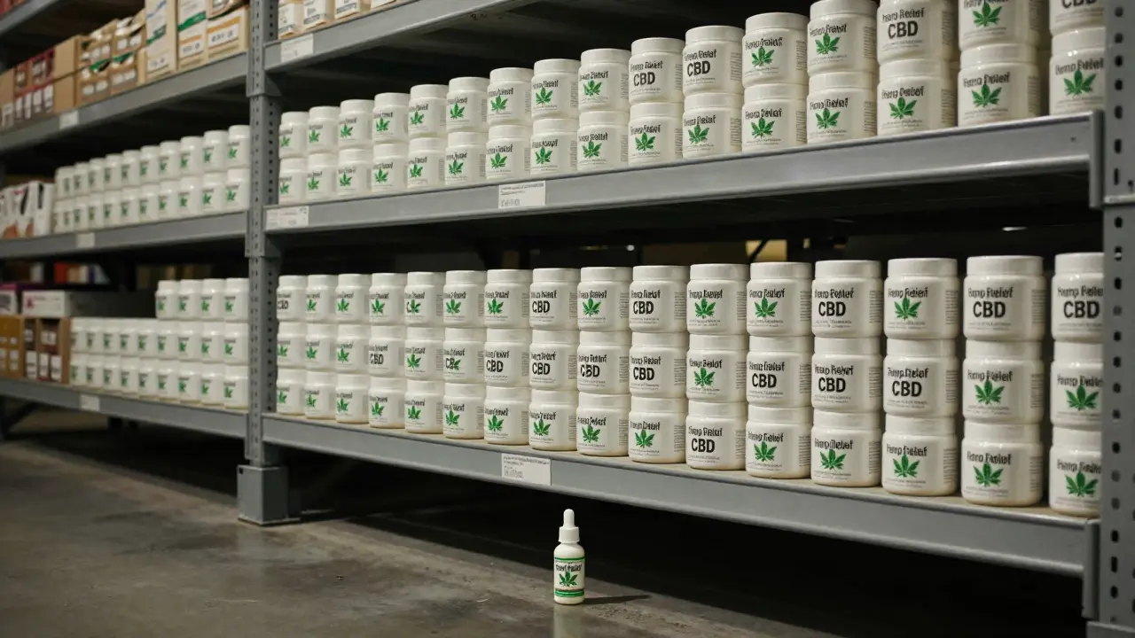 Obrovská police Amazonu s tisíci krémů označených jako 'konopný', ale bez CBD, kde jeden krém leží na zemi.