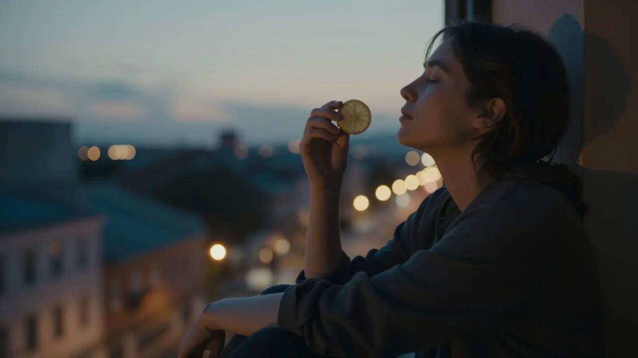 Osoba drží citron na okně při západu slunce, dýchá hluboce.