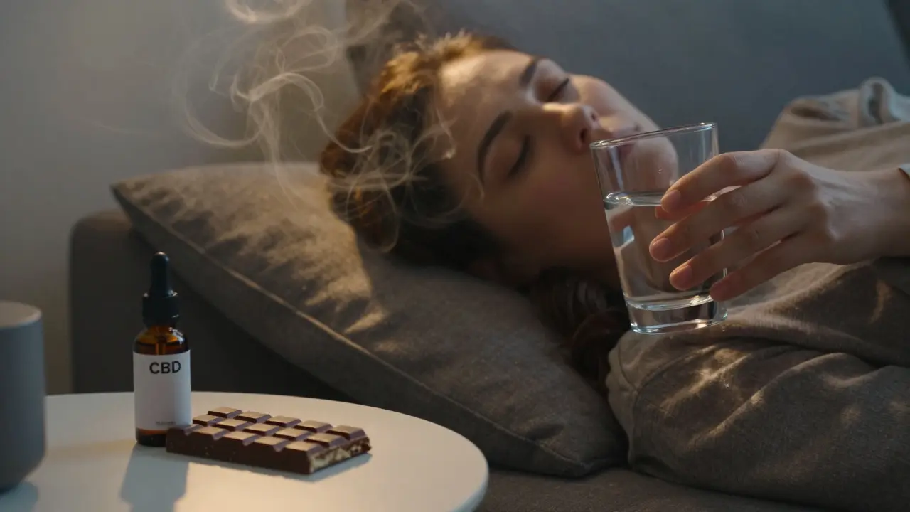 Osoba klidně leží na pohovce s vodou, ve špatném světle, vedle ní CBD olej a čokoláda rozdělená na kousky.