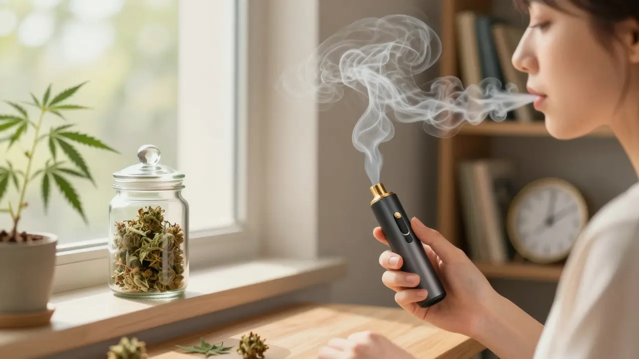 Osoba používá parovací přístroj s CBD květy v klidné, osvětlené místnosti, jemná pára se vznáší ve vzduchu.