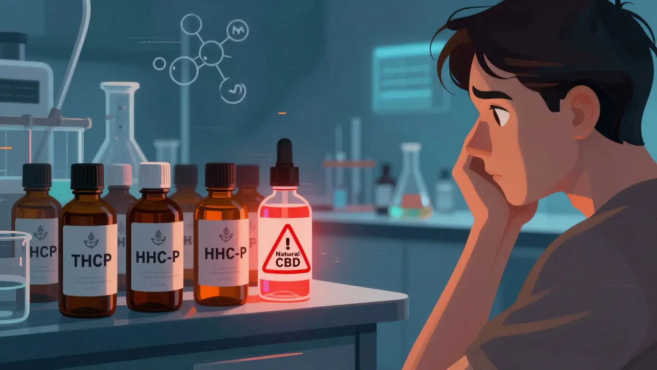 Osoba před regálem s produkty THCP a HHC-P, jeden produkt září červenou výstrahou