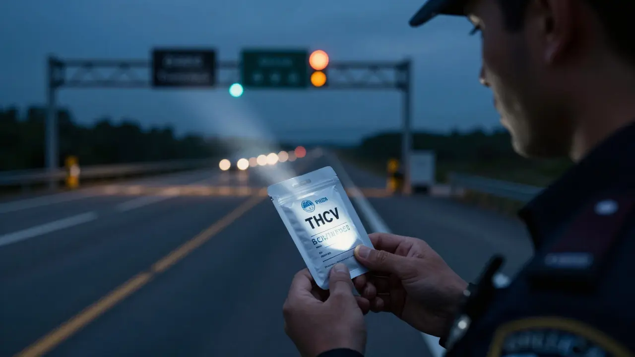 Osoba při kontrole na hranici se zákazníkem THCV, policií osvětlená, s částečně viditelným certifikátem analýzy.