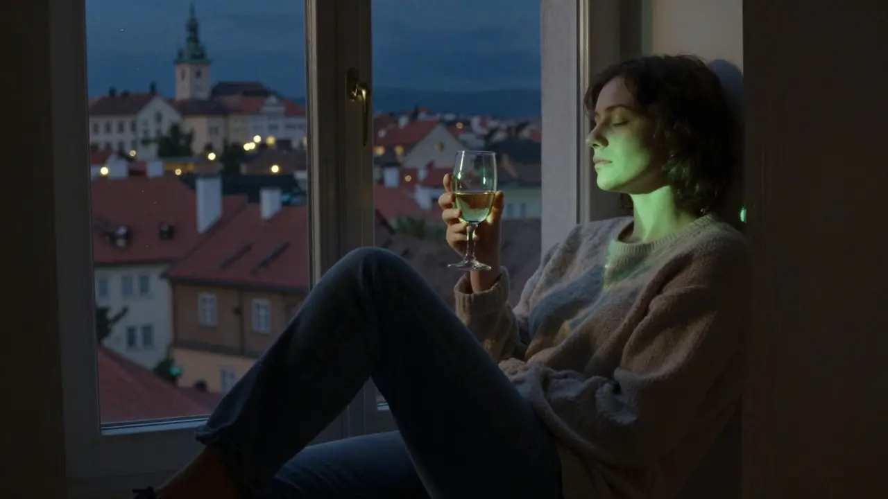 Osoba v klidu na okně s sklenicí konopního vína, měkká zelená záře na obličeji, venku klidná česká městská krajina v noci.