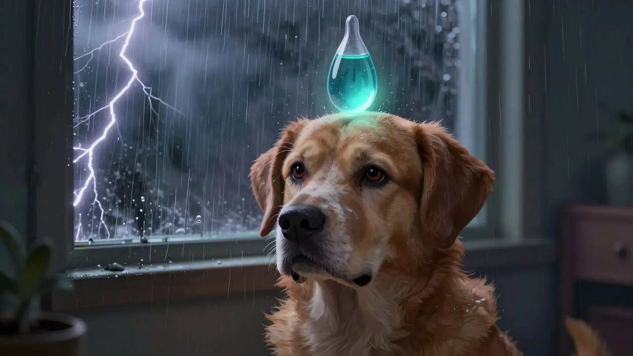 Pes během bouřky je uklidňován přirozenou podporou CBD, znázorněnou světlou kapkou.
