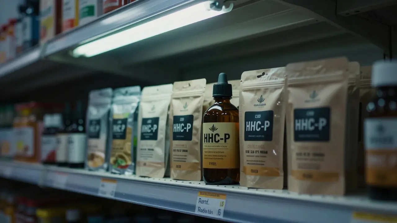 Regály s konopnými produkty v obchodě, jedna láhev HHC-P je v popředí, v tichém nočním světle.