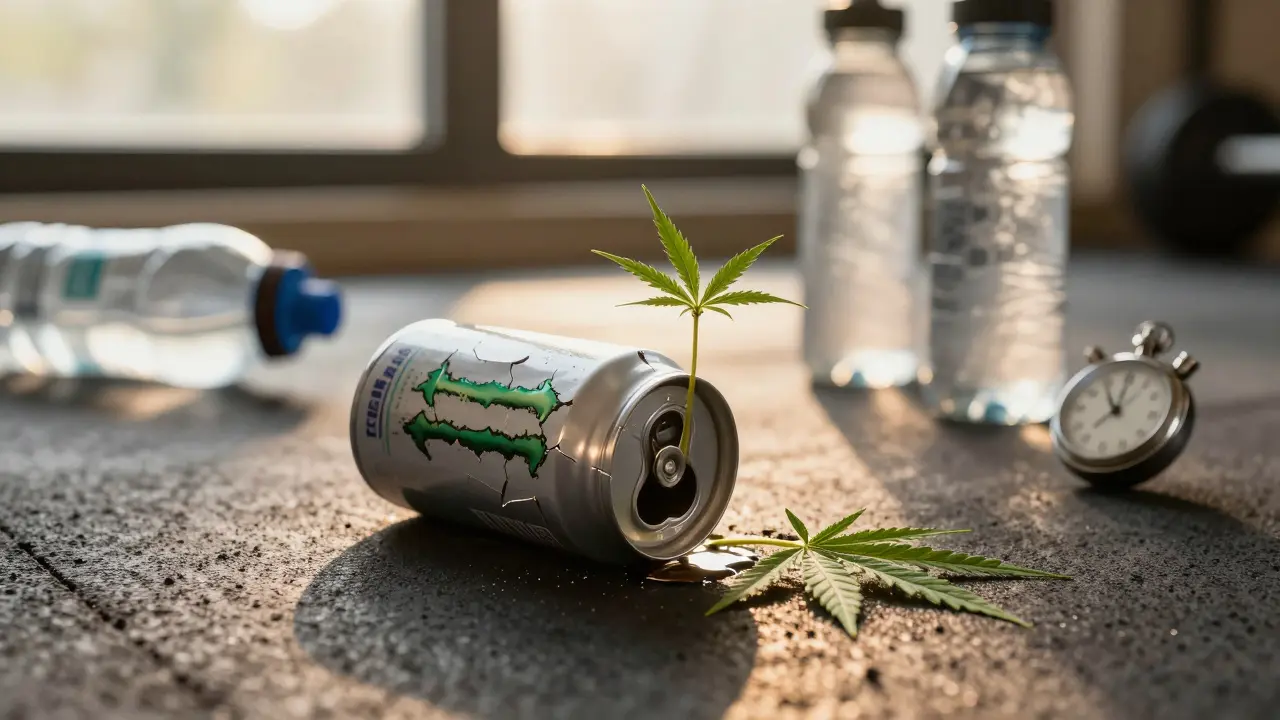 Rozbitá láhev energetického nápoje na podlaze s klenoucími listy konopí z vylitého obsahu.