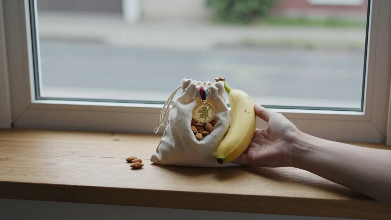 Ruka drží batůžek s oříšky, banánem a medem na okně v ranním světle, symbolizující připravenost na klidný výlet.