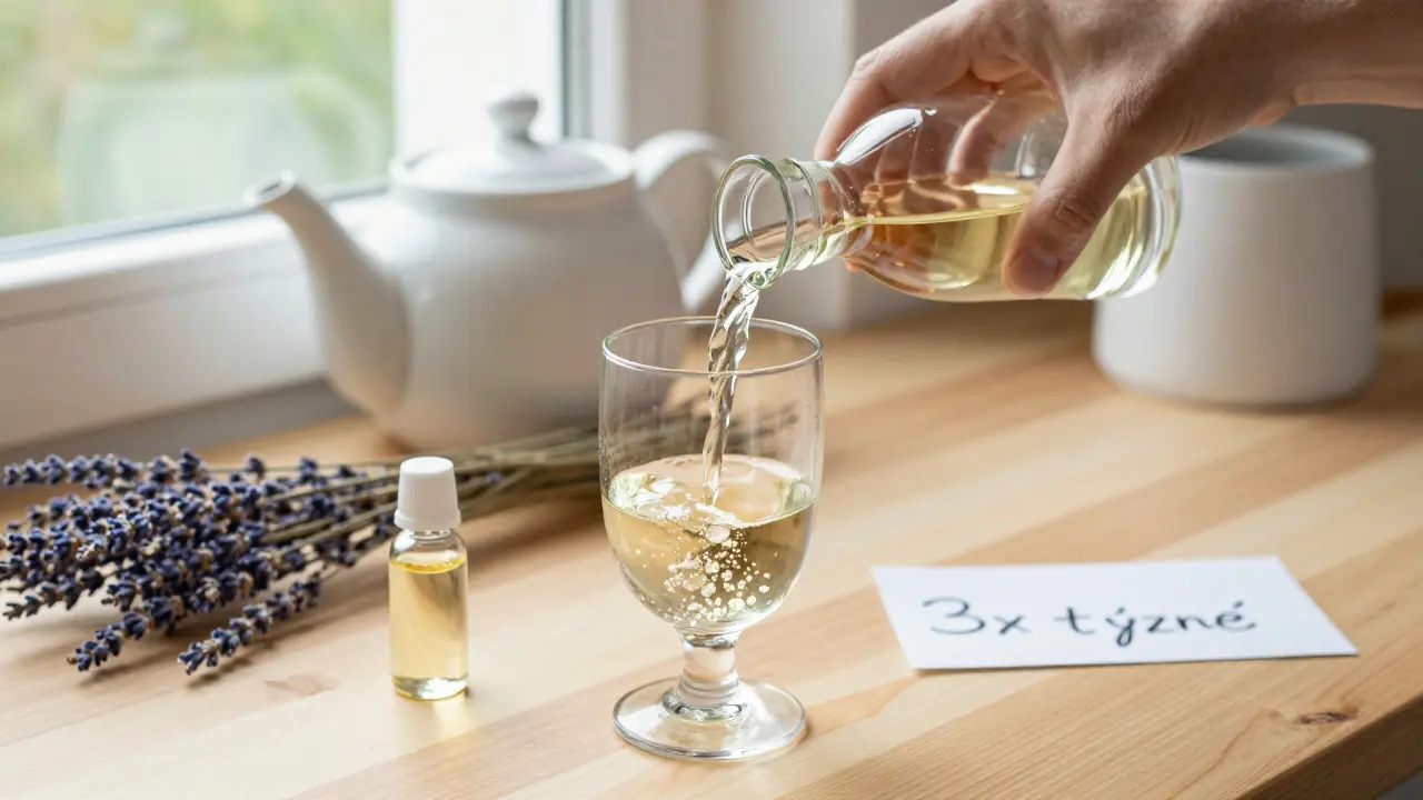 Ruka nalévá 100 ml konopního vína do sklenice, vedle výstražná poznámka '3x týdně' a sušená lavanda.