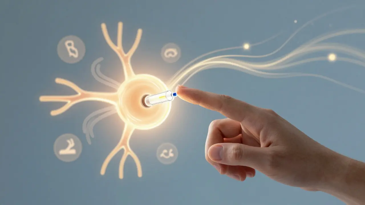 Ruka přitlačuje CBD kartridž k abstraktnímu diagramu endokanabinoidního systému s vlnami klidu.