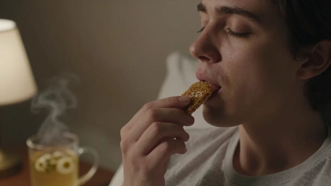 Ruka ukládá CBD crumble pod jazyk v klidné noční atmosféře.