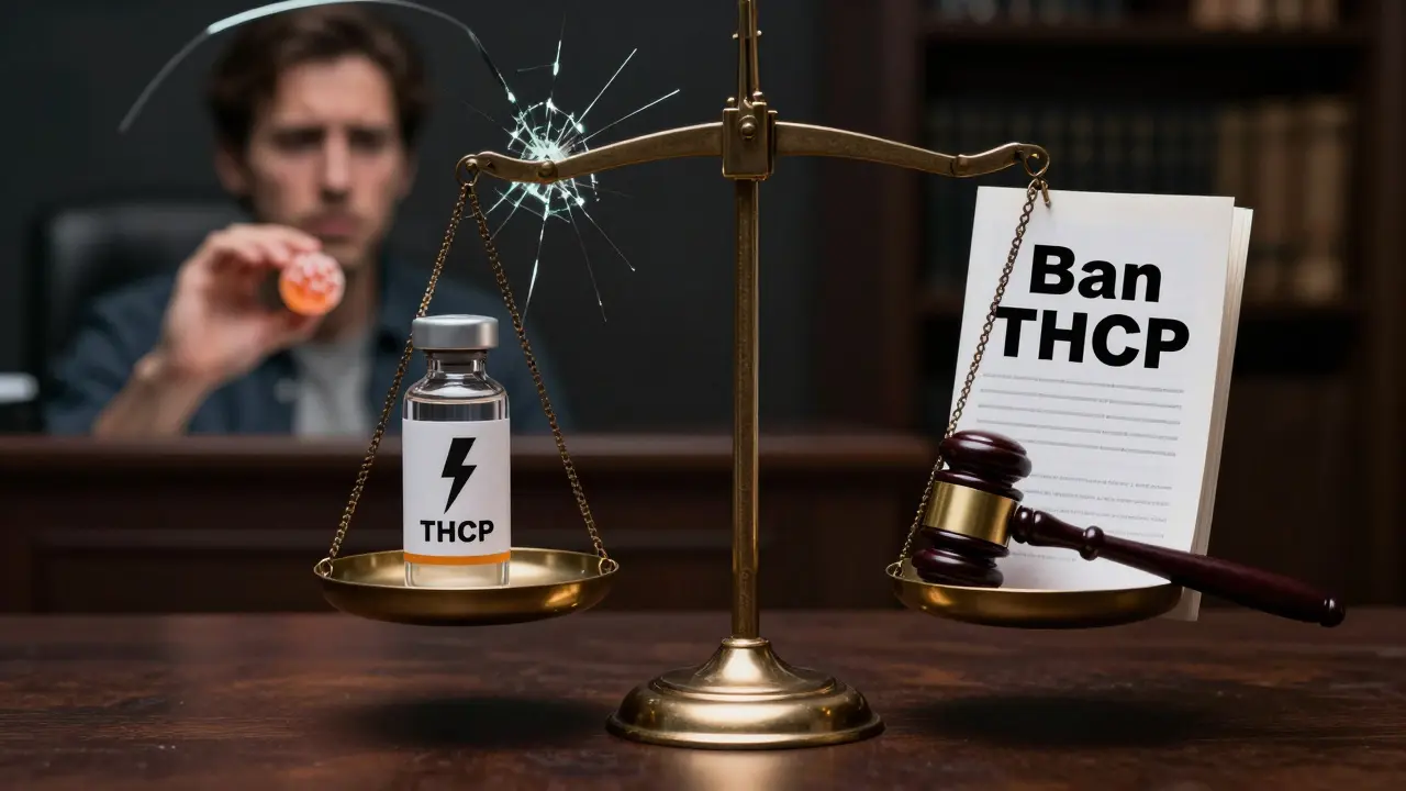 Soudní váha s THCP na jedné straně a zákazem na druhé, odraz zmateného uživatele