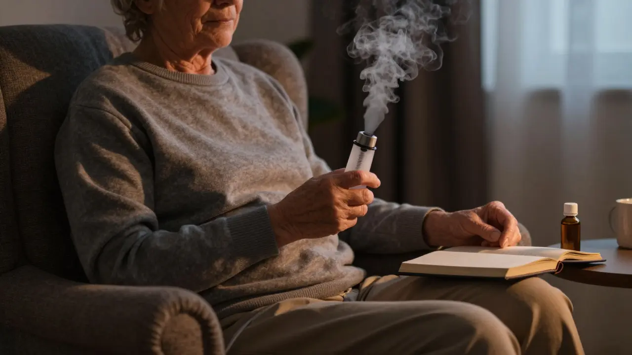 Starší osoba klidně sedí ve šťárně s parníkem, večerní osvětlení, klidná atmosféra.