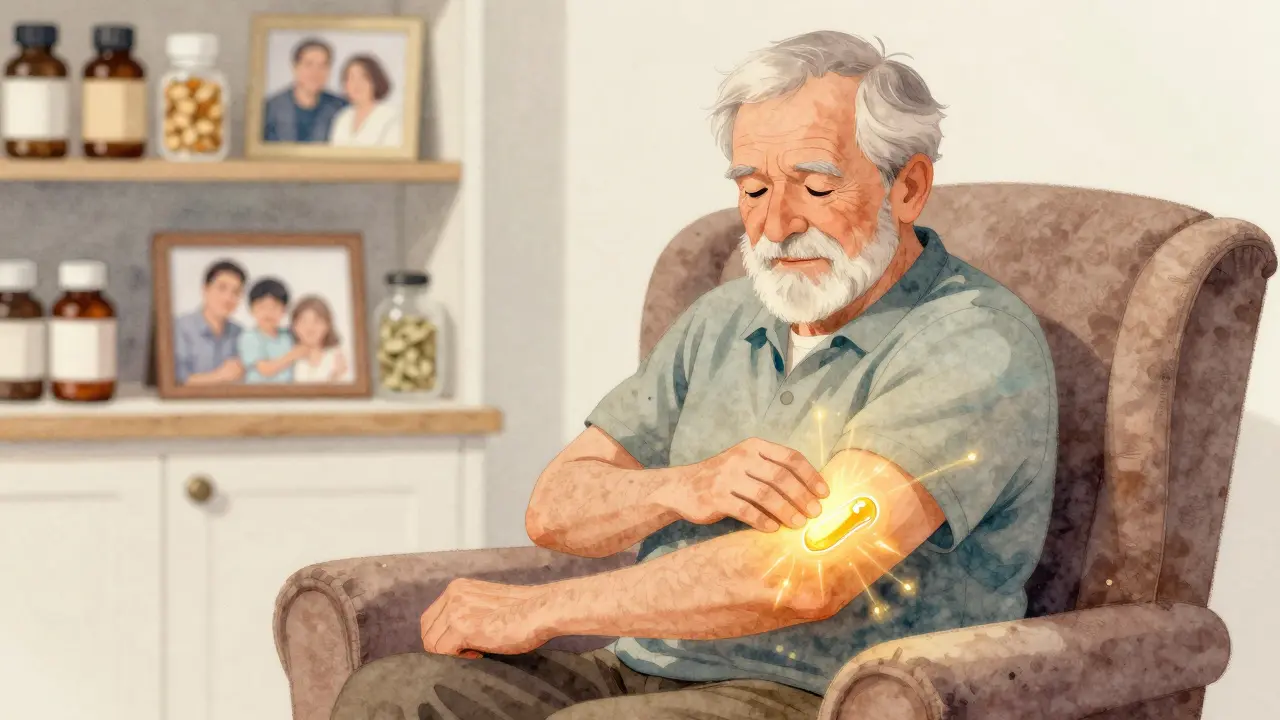 Starý muž s uklidněným výrazem, kde CBD krém vyzařuje teplé světlo na kloub.