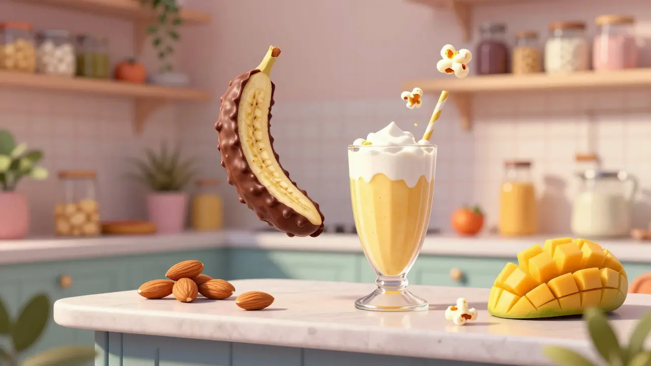 Surreální kuchyňský poklička s plujícími zdravými svačinami: čokoládový banán, smoothie a oříšky ve vzduchu.