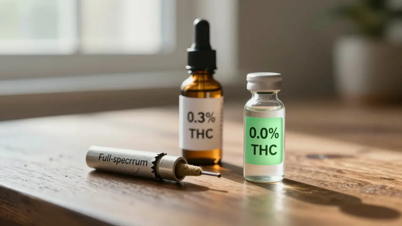 Three CBD products side by side, with only the isolate vial marked 0.0% THC as safe option.