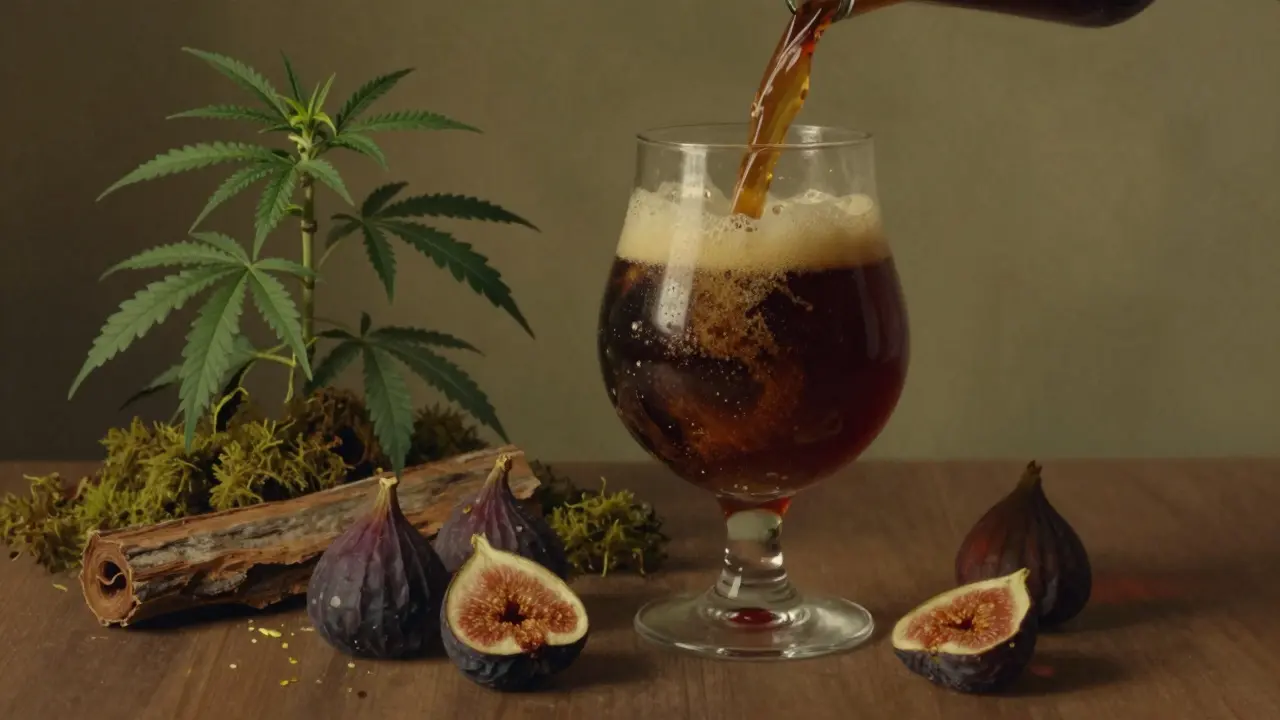 Tmavé pivo s houbami a kůrou, představující indica typ konopí.