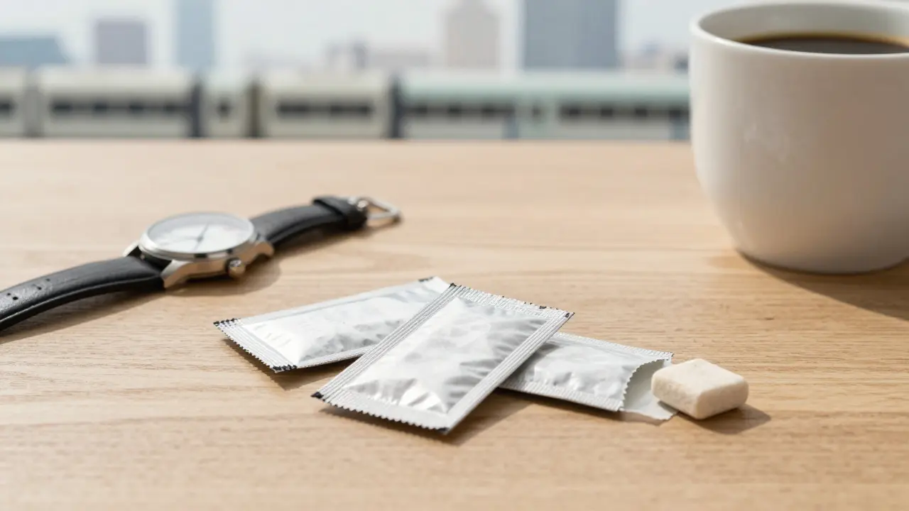 Tři balíčky CBD žvýkaček na stole s hodinkami a kávou v ranním světle.