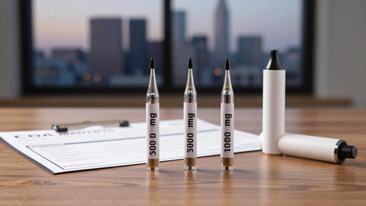 Tři CBD kartridže s různými dávkami a laboratorní certifikát na dřevěném stole při tichém večeru.