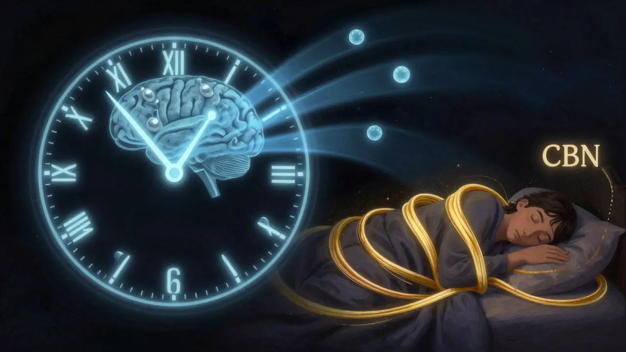 Umělecké znázornění biologických hodin s melatoninem a CBN jako světelnými proudy podporujícími spánek.
