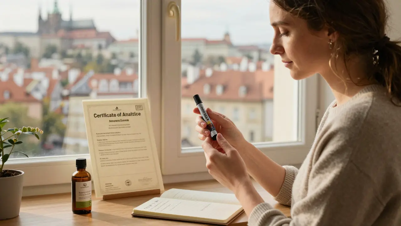 Žena v České republice používá CBD kartridž s certifikátem analýzy vedle sebe.